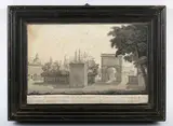 Capriccio view of a Napoleonic triumphal arch by Louis Joseph Narcisse Marchand, monochrome watercolour and ink, sold Nov 2024