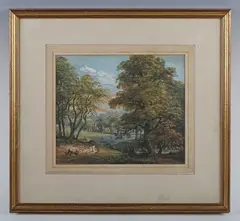 Paul Sandby, Figures on a lakeside path in a park, watercolour and gouache