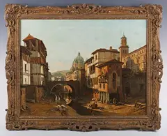 François Bossuet, View of a Continental town with canal, 1880, oil on canvas