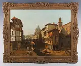 François Bossuet, View of a Continental town with canal, 1880, oil on canvas
