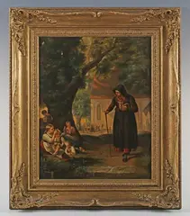 Théophile Emmanuel Duverger, Children at play in a churchyard, oil on canvas