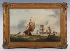 Henry Redmore, A British Ship of the Line and Other Sailing Vessels in a Stiff Breeze off a Coast, probably Dover, and Dutch and Danish Sailing Vessels off a Coast, a pair, (2) oil on canvas