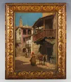 Emilio Poy Dalmau, A Courtyard scene with women and donkey, oil on canvasboard