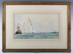 Charles Dixon, Yachting on the Solent, possibly ‘Big Class’ (The J’s) racing off Cowes 1896, 1896, watercolour