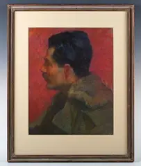 Alfred Palmer, A Greek Painter’, profile portrait depicting a sitter who appears to be a pilot, pastel
