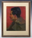 Alfred Palmer, A Greek Painter’, profile portrait depicting a sitter who appears to be a pilot, pastel