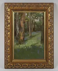 Harold Harvey, A bluebell wood, oil on panel