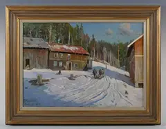 Peder Mork Monsted, Vintsaftus Bolkesjo Telemark’, View of a Winter Farmstead, 1934, oil on canvas