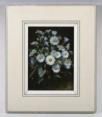 Andrew Law, Still life of Michaelmas daisies; Still life of mixed flowers in a green glass vase, a pair, oil on panel