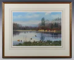 Richard Robjent, A loch at Cowhill, Dumfries (Mallard), watercolour