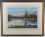 Richard Robjent, A loch at Cowhill, Dumfries (Mallard), watercolour