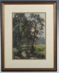 Stanley Royle, Evening Landscape with Trees and River, 1911, watercolour with gouache