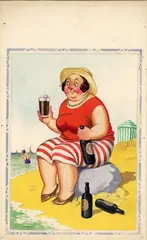 Donald McGill, You know, Girls, these ultra-violet rays do fly to your nose!’: A squiffy woman drinking Guinness on the beach, watercolour