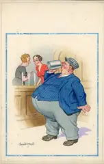 Donald McGill, YES, an’ his wife’s a skinny little woman – flat as a pancake!, watercolour