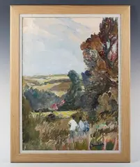 Figures in a Sussex landscape by Ronald Ossory Dunlop, oil on canvas, sold Nov 2024