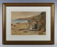 Norman Tayler, Mother and child gathering nets from the beach, 1896, watercolour