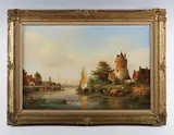 Arie Herkelman, Dutch river scene with figures by a hay barge, a tower beyond, oil on panel