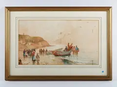 Frank Rousse, Beach scene with boat and fisherfolk arriving with a haul, watercolour