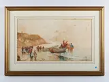 Frank Rousse, Beach scene with boat and fisherfolk arriving with a haul, watercolour