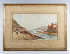 Frank Rousse, Fishing village with a figure on a path, watercolour