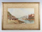 Frank Rousse, Fishing village with a figure on a path, watercolour