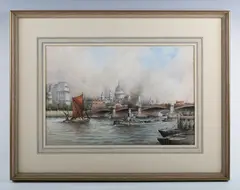 John Millington, Steam tugs on the Thames near St Paul's, London, watercolour