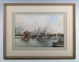 John Millington, Steam tugs on the Thames near St Paul's, London, watercolour
