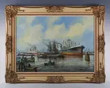 Wim Bos, Shipping in a harbour, oil on canvas