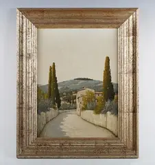 Giacomo Delcroix, Italian landscape from a tree-lined lane, oil on board signed lower left