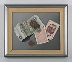 Norman C. Black, Trompe l’oeil of playing cards, one pound note and coins, oil on board