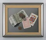 Norman C. Black, Trompe l’oeil of playing cards, one pound note and coins, oil on board