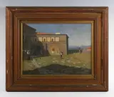 Bernard Granville Baker, Continental landscape with figures by a building, oil on canvas