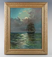 Joel Owen, Masted ship by moonlight, oil on canvas