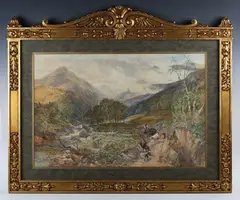Joseph Adam, Highland river landscape with cattle and drover, watercolour
