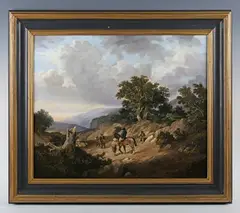 Andre de Moller, Travellers in a rocky wooded landscape, oil on canvas