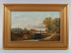 Henry Harris, River and canal landscapes with angler and figures in a boat near lock gates, a pair, oil on canvas