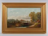 Henry Harris, River and canal landscapes with angler and figures in a boat near lock gates, a pair, oil on canvas