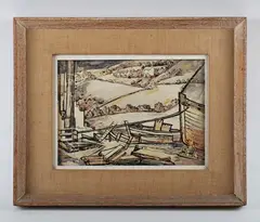 Edie Lamont, Boatyard in a landscape, pen, ink and wash