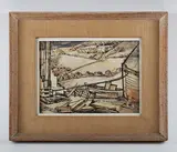 Edie Lamont, Boatyard in a landscape, pen, ink and wash