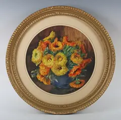 Marian Broom, Still life of calendula in a vase, watercolour
