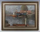 James Kidwell Popham, Timber Barges, 1949, oil on canvas