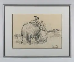 Yak and Herdsman by Liu Jincheng, 1987, pencil, sold May 2026