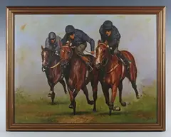 Peter James Bailey, Fresh + Responsive’: racehorses neck and neck, oil on canvas