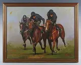 Peter James Bailey, Fresh + Responsive’: racehorses neck and neck, oil on canvas