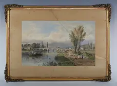 George Arthur Fripp, Bridge in a river landscape, possibly the Old Trent Bridge; River landscape with cattle watering, a pair, watercolour with scratching out