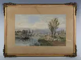 George Arthur Fripp, Bridge in a river landscape, possibly the Old Trent Bridge; River landscape with cattle watering, a pair, watercolour with scratching out