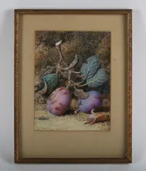 Still life of apples and rosehips; Still life of plums and almond, a pair by William Hough, watercolour and bodycolour, sold Feb 2026