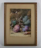 William Hough, Still life of apples and rosehips; Still life of plums and almond, a pair, watercolour and bodycolour