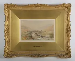 Mountainous lake landscapes; Moorland bridge, a set of three by Edmund Morison Wimperis, watercolour, sold Feb 2026