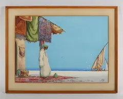 James McGavin Greig, The Fruit Boat’: North African scene with figure by the sea, watercolour and bodycolour